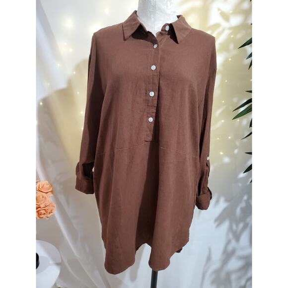 Tahari Linen 1/2 Button Popover Tunic Top Womens Size M Lagenlook Roll Tab Brown - Picture 1 of 7